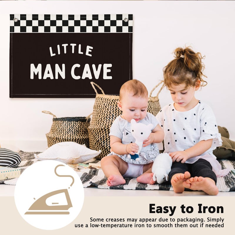 ETVISO Little Man Cave Black and White Checkered Boys Room Decor - Linen Banner Wall Hanging Canvas Banner Flag Decor for Nursery Toddler Boys Bedroom Playroom - Image 4